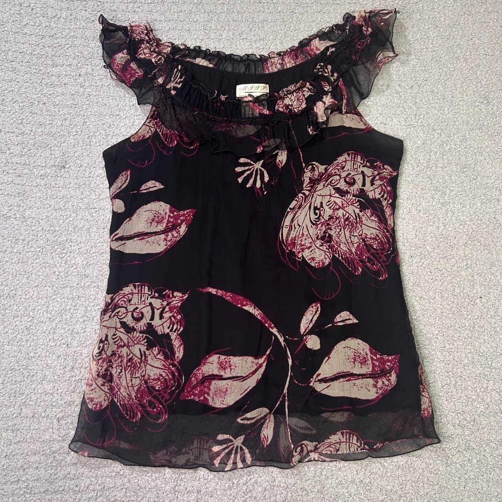 MSSP Silk Blouse Ruffle Floral‎ Medium Black Maroon Whimsigoth Coquette Romantic